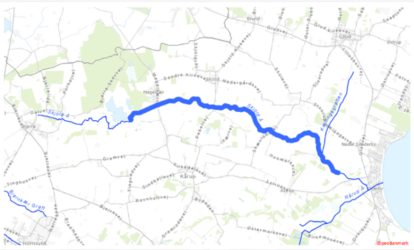 Figur 1 - Projektområde-Skjold Å (rød linje - øverst)