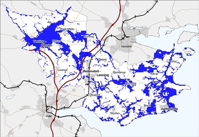 Kort der viser potentielt vandlidende områder i Hedensted Kommune