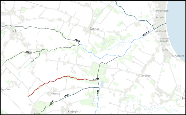 Figur 1 - Projektområde i Tilløb til As-Rårup Skelbæk (rød linje)